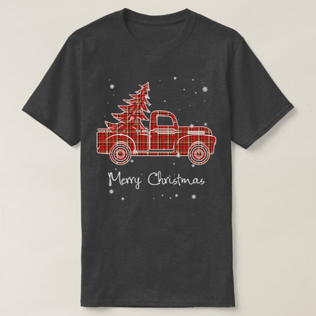 Merry Christmas Buffalo Truck Tree Red Plaid 1 T-Shirt (Design Front)
