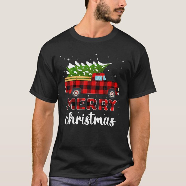Merry Christmas Buffalo Truck Tree Red Plaid For T-Shirt (Front)