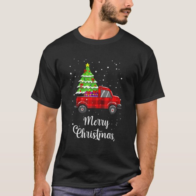 Merry Christmas Buffalo Truck Tree Red Plaid Men W T-Shirt (Front)