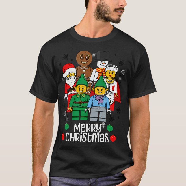 Merry Christmas Building Bricks Santa Elf Snowman  T-Shirt (Front)