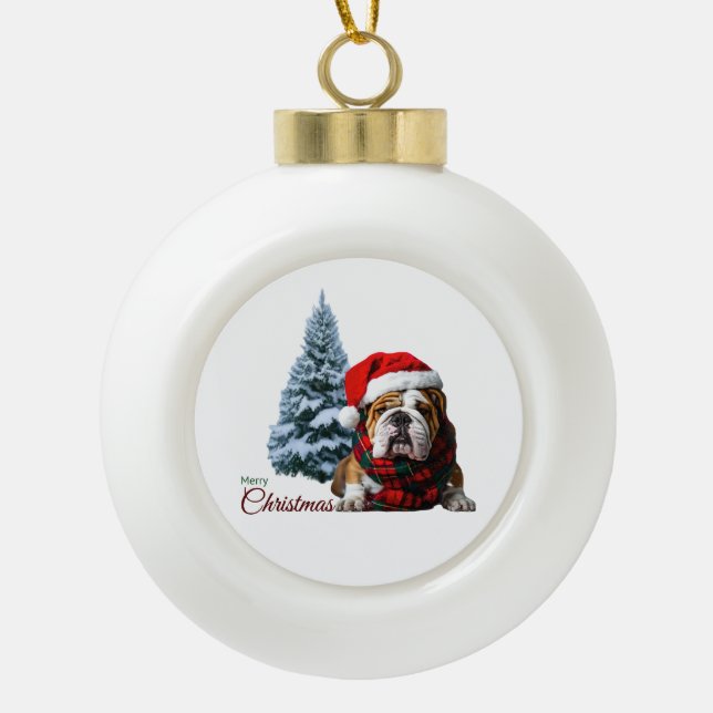 Merry Christmas Bulldog Ceramic Ball Christmas Ornament (Front)