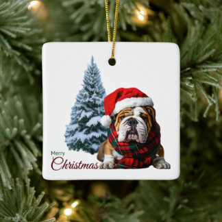 Merry Christmas Bulldog Ceramic Ornament