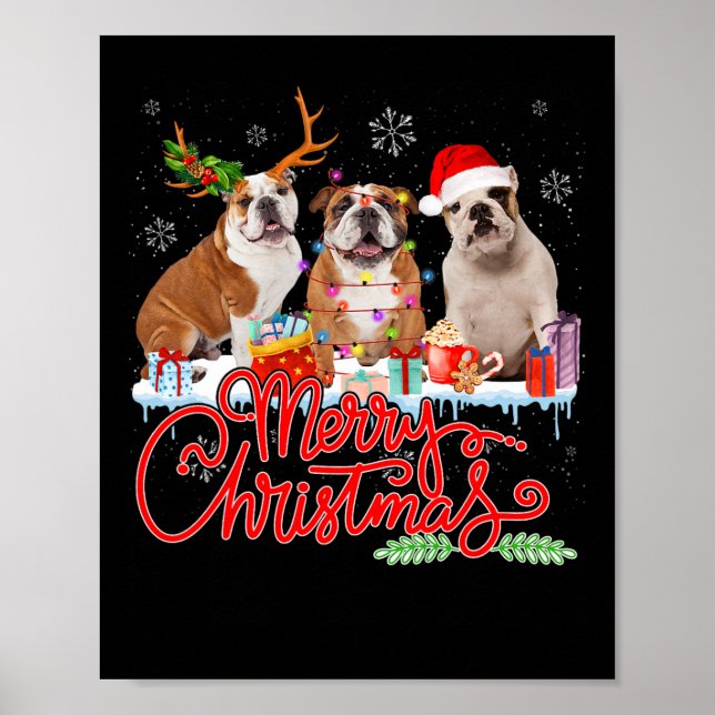 Merry Christmas Bulldog Lover Santa Reindeer Light Poster (Front)
