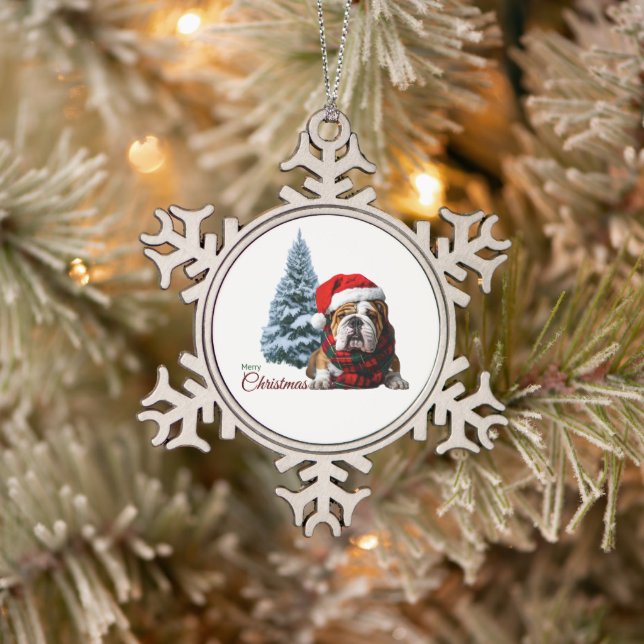 Merry Christmas Bulldog Snowflake Pewter Christmas Ornament (Tree)