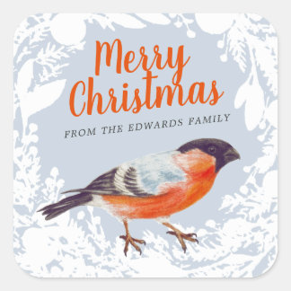 Merry Christmas Bullfinch Bird Snowy Wreath Winter Square Sticker