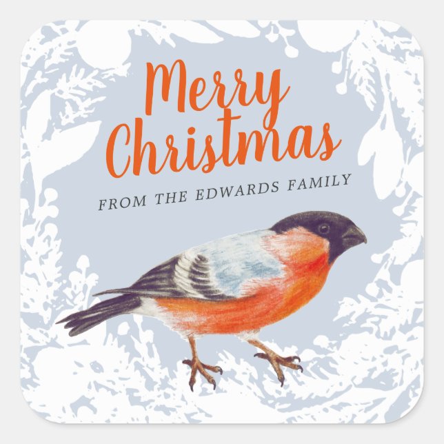 Merry Christmas Bullfinch Bird Snowy Wreath Winter Square Sticker (Front)