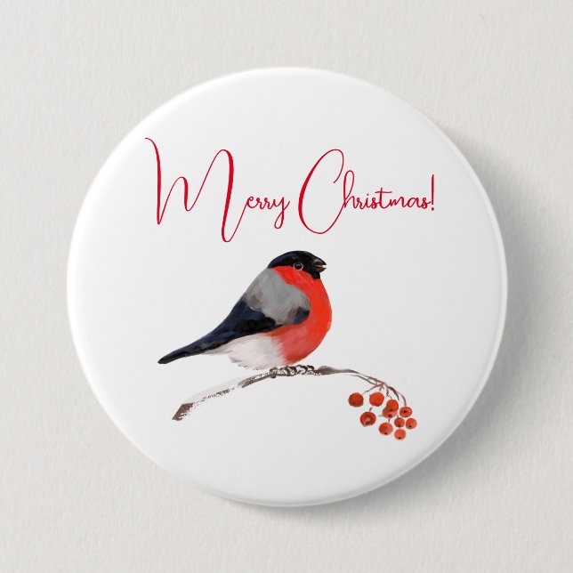 Merry christmas, Bullfinch in winter day Button (Front)