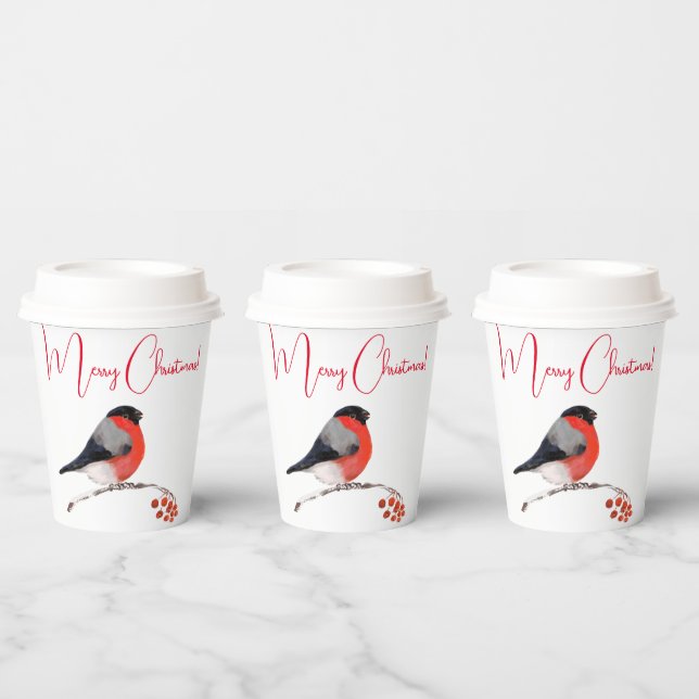 Merry christmas, Bullfinch in winter day Paper Cups (Multi)