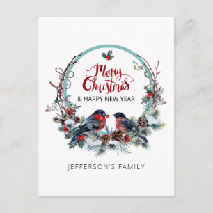 Merry Christmas bullfinches-wreath Holiday Postcar Postcard