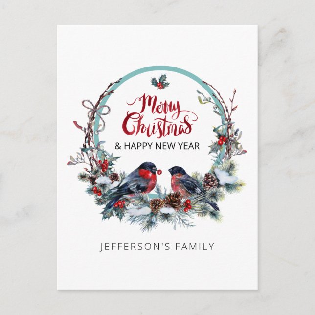 Merry Christmas bullfinches-wreath Holiday Postcar Postcard (Front)