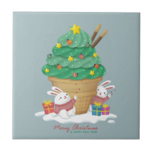 Merry Christmas: Bunnies & Ice Cream Ceramic Tile