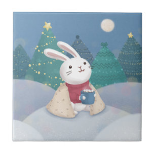 Merry Christmas: Bunny Illustration Ceramic Tile