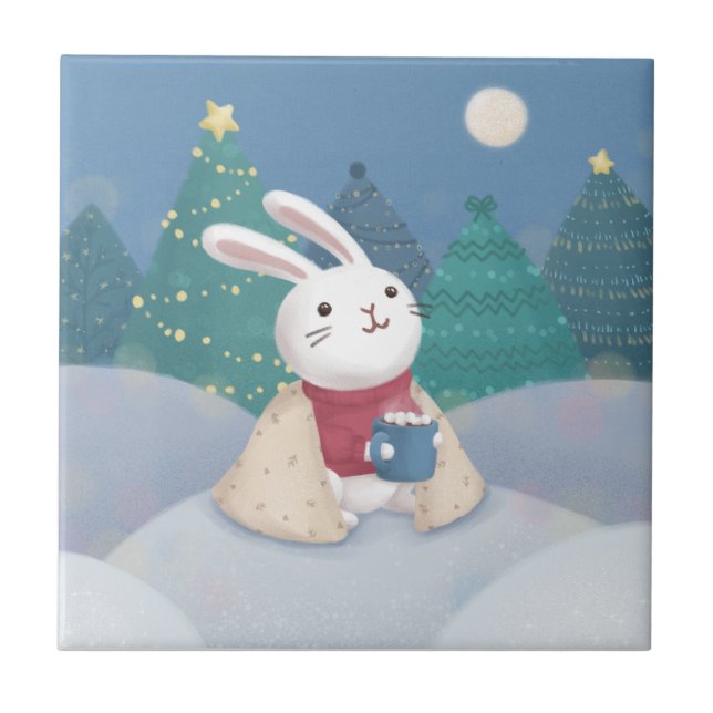 Merry Christmas: Bunny Illustration Ceramic Tile (Front)
