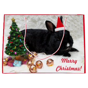 Merry Christmas Bunny Rabbit in a Santa Hat Large Gift Bag