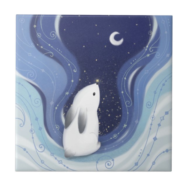 Merry Christmas: Bunny, the Moon & Stars Ceramic Tile (Front)