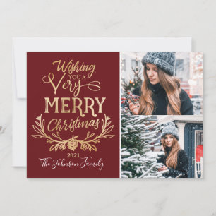 Merry Christmas Burgundy Gold Festive family Photo Holiday Card