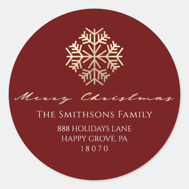 Merry Christmas Burgundy Gold RSVP Snowflakes Classic Round Sticker (Front)