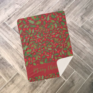 Merry Christmas Burgundy Holly Berries Pattern Sherpa Blanket