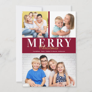 Merry Christmas Burgundy Message 3 Photos Holiday Card