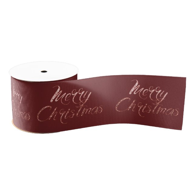 Merry Christmas Burgundy Pastel Pink Roe Gold Grosgrain Ribbon (Spool)