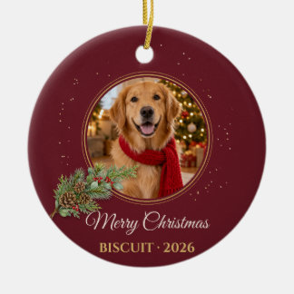 Merry Christmas Burgundy Pet Photo Ceramic Ornament