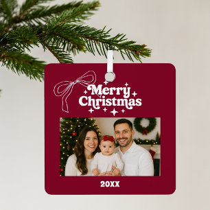 Merry Christmas burgundy photo bow doodle Metal Tree Decoration