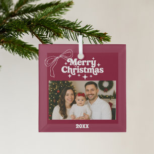 Merry Christmas burgundy photo bow hand-drawn Glass Tree Decoration