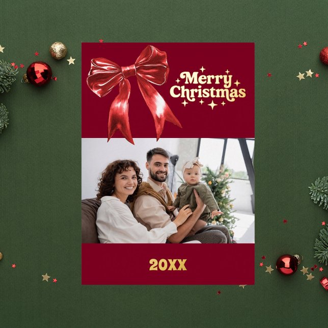 Merry Christmas burgundy red bow retro photo gold Foil Holiday Card (Creator Uploaded)