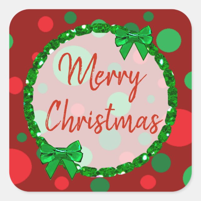 Merry Christmas Burgundy, Red Green Polka Dots Square Sticker (Front)