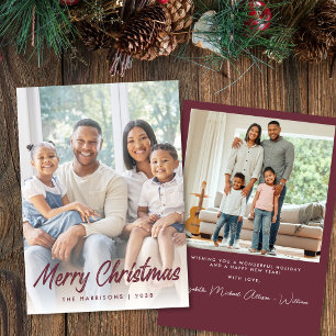 Merry Christmas Burgundy Red Script Photo Holiday Card