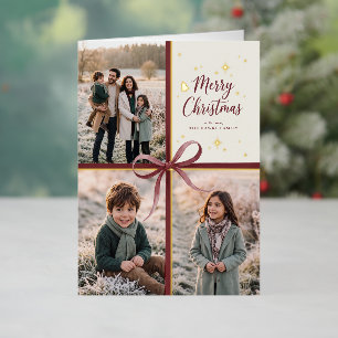 Merry Christmas Burgundy Ribbon Photo Collection Foil Holiday Card