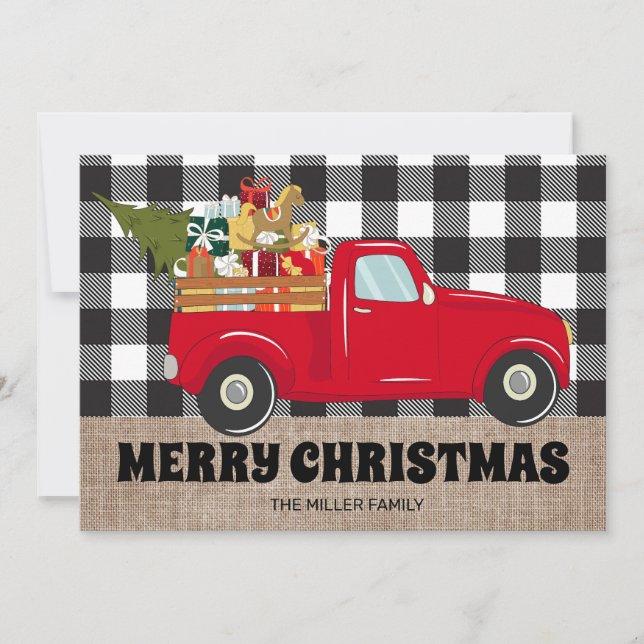 Merry Christmas Burlap Buffalo Plaid Truck Photos Holiday Card (Front)