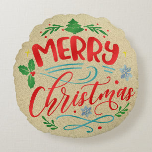 Merry Christmas Burlap Design Round Cushion