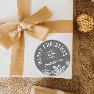 Merry Christmas Business Logo Company Name Grey Classic Round Sticker
