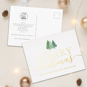 Merry Christmas Business Logo Fir Trees Gold Foil Holiday Postcard