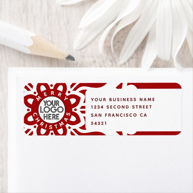  Merry Christmas Business Logo Snowflake Red Return Address Label (Insitu)