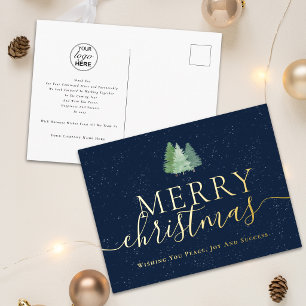 Merry Christmas Business Logo Snowy Fir Trees Gold Foil Holiday Postcard