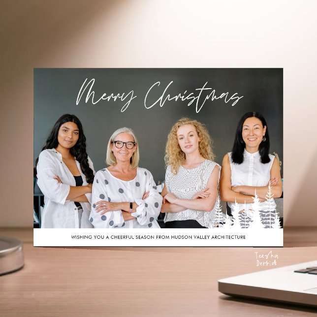 Merry Christmas Business Team Photo Pine Trees Holiday Card (Merry Christmas Business Team Photo Pine Trees Holiday Card in Black and White)