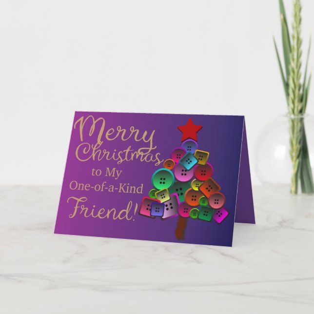 Merry Christmas Buttons Tree One-of-a-Kind Friend Holiday Card (Front)