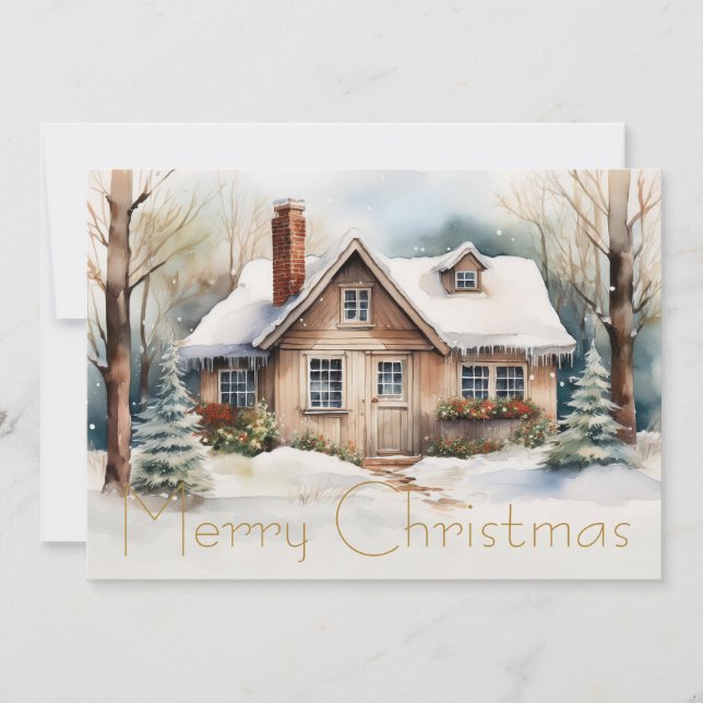 Merry Christmas Cabin in snowy landscape Holiday Card (Front)