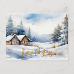 Merry Christmas Cabin in snowy landscape Holiday Postcard