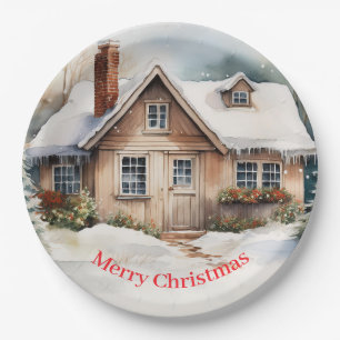 Merry Christmas Cabin in snowy landscape Paper Plate