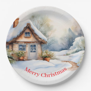 Merry Christmas Cabin in snowy landscape Paper Plate