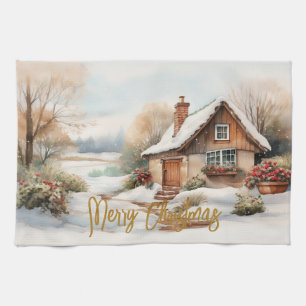 Merry Christmas Cabin in snowy landscape Tea Towel