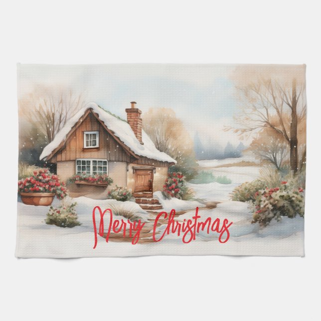 Merry Christmas Cabin in snowy landscape Tea Towel (Horizontal)