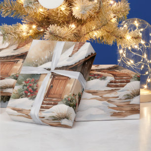 Merry Christmas Cabin in snowy landscape Wrapping Paper
