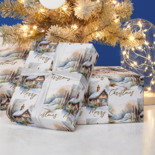 Merry Christmas Cabin in snowy landscape Wrapping Paper