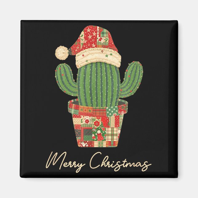 Merry Christmas Cactus Patchwork Quilt  Magnet (Front)