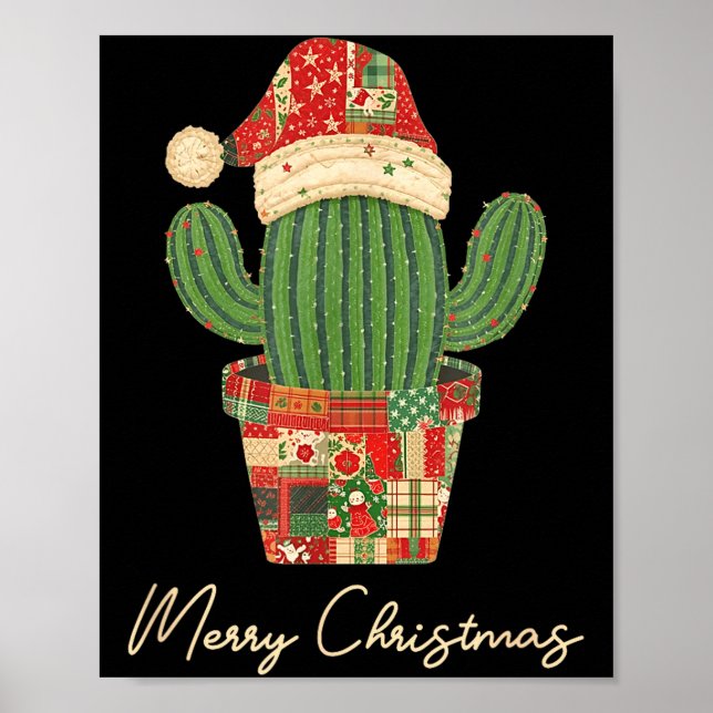 Merry Christmas Cactus Patchwork Quilt  Poster (Front)