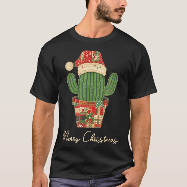 Merry Christmas Cactus Patchwork Quilt  T-Shirt (Front)